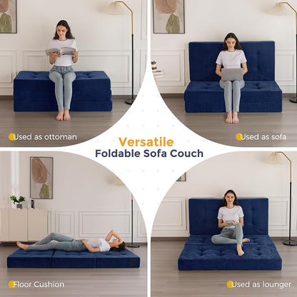 MAXYOYO 6" Folding Sofa Bed for Floor, Tufted Tri-Fold Floor Mattress with Chenille Fabric, Twin Size Portable Sofa Couch Guest Mat for Adults, Foldable Topper for Camping, Navy, 35.4"x75"