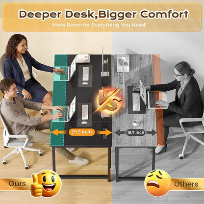 PRAISUN 63 X 30 Inch Extra Deep Desk with Power Outlets | Long Computer Desk for Bedroom, Office Desk for Work from Home, Writing Study Gaming Table, Stable Metal Frame, Black