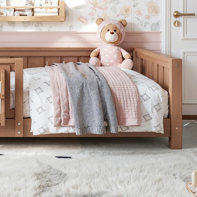 Bellemave Twin Size Montessori Floor Bed with Slats and Fence, Twin Size Montessori Bed with Rails and Bookcase, Easy Assemble Floor Beds Frame, Natural