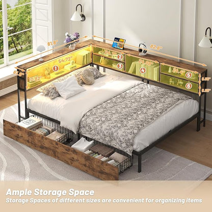Bellemave Full Corner Bed Frame with Storage, Full Captains Bed with Charging Station, LED Light, Wood Daybeds with L-Shaped Bookcase and 2 Drawers, Brown