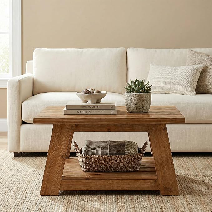 31.5" Solid Wood Square Coffee Table, 2-Tier Storage Design, Sturdy Wooden Legs, Farmhouse Accent Center Cocktail Table for Living Room, Easy Assembly, Honey Brown