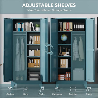 Baborokic 71" Armoire Wardrobe Closet with Hanging Rod,Metal Wardrobe Cabinet with Adjustable Shelves and Doors,Farmhouse Office Cabinets for Bedroom,Office,Laundry,Employee(Blue)