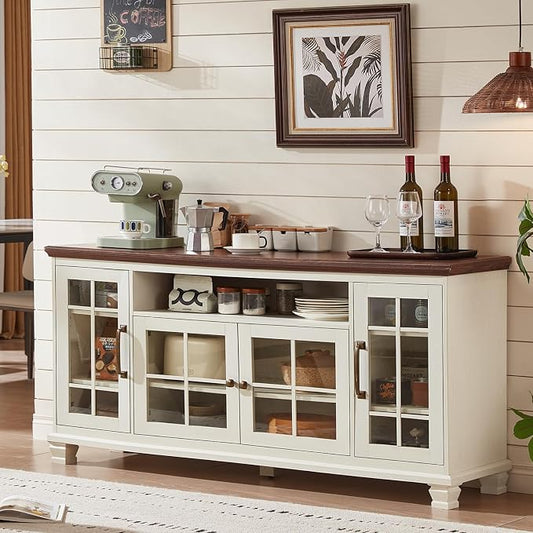 SAVOR LIFE Large Sideboard Buffet Cabinet with Storage,Vintage White Farmhouse 60" Wide Sideboard Cabinets with Glass Doors & Wood Legs,Kitchen Coffee Bar Credenza for Dining Room, Living Room