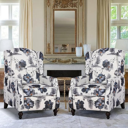 Upholstered Wingback Recliner Chair, Mid Century Modern Manual Push Back Recliner for Living Room, Bedroom (2, Blue Floral)