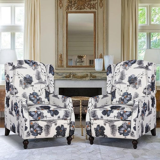 Upholstered Wingback Recliner Chair, Mid Century Modern Manual Push Back Recliner for Living Room, Bedroom (2, Blue Floral)