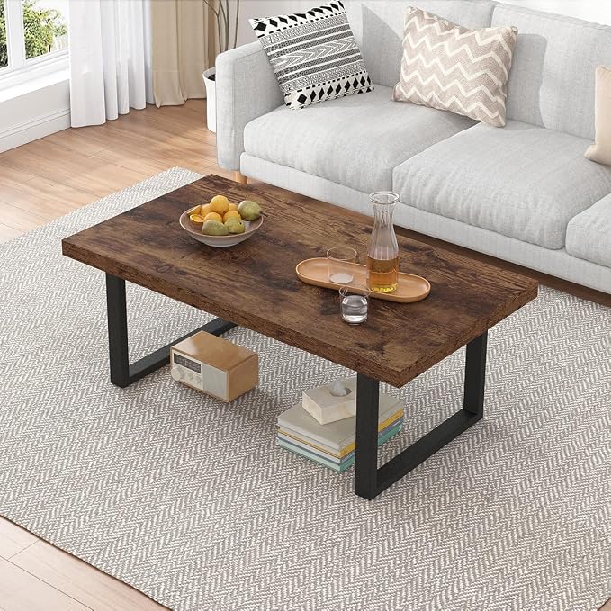 IBF Rustic Coffee Table, Industrial Simple Wooden Living Room Table, Modern Minimalist Farmhouse Rectangle Center Table, Wood and Metal Vintage Tea Coffee Table for Home Bedroom, Rustic Brown, 39 Inch