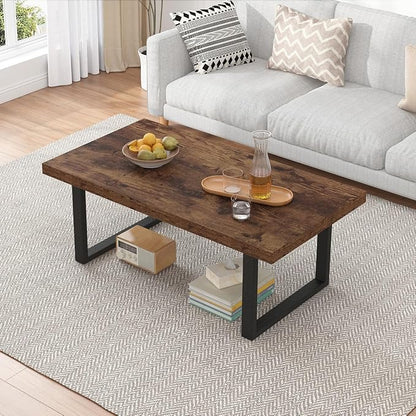 IBF Rustic Coffee Table, Industrial Simple Wooden Living Room Table, Modern Minimalist Farmhouse Rectangle Center Table, Wood and Metal Vintage Tea Coffee Table for Home Bedroom, Rustic Brown, 39 Inch