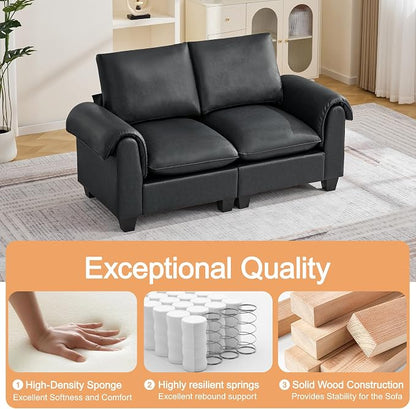 70.5" Faux Leather Loveseat Sofa, Oversized 2 Seater Modular Sectional Upholstered Couch with Curved Armrests, Cloud Modern Deep Seat Love Seat Sofa for Living Room, Black