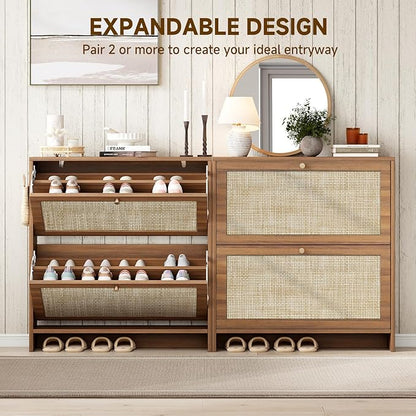 Nicetree Shoe Storage Cabinet for Entryway, Slim Shoe Rack with 2 Flip Drawers, Modern Boho Square Cane Engineered Wood Storage Cabinets, Narrow Shoe Organizer, Caramel
