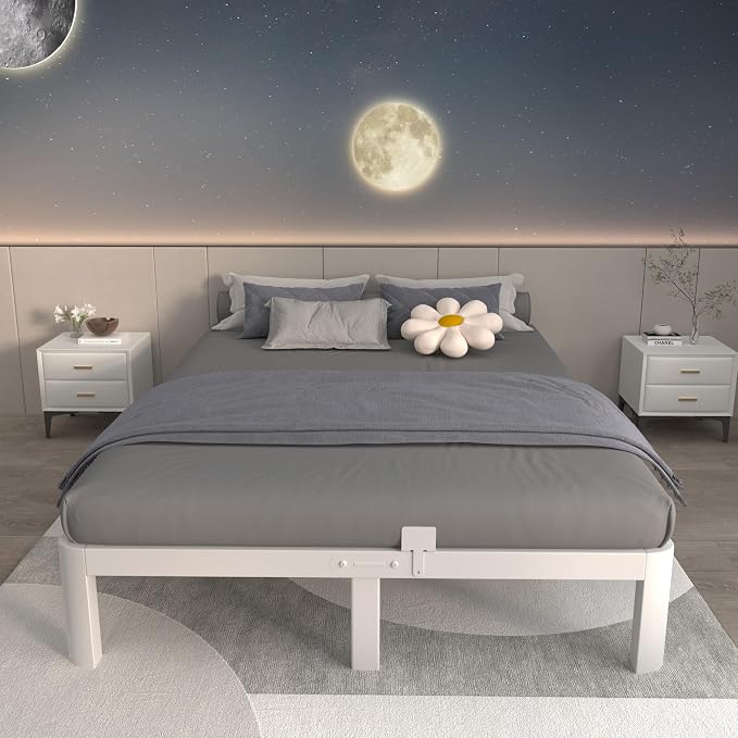 ITIMIDI 10 Inch White Bed Frame Queen, Queen Size Metal Platform Bed Frames with Metal Gaskets, Heavy Duty Steel Support 3500 LBS, No Box Spring Needed, Anti-Slip Mattress Stopper, Easy Assembly