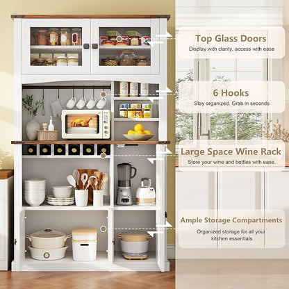 Einhomn 71" Tall Kitchen Pantry Cabinet with Charge Station, 3 Adjustable Shelves, Wine Rack and Glass Door, Kitchen Hutch for Dining Room, Kitchen and Living Room, White