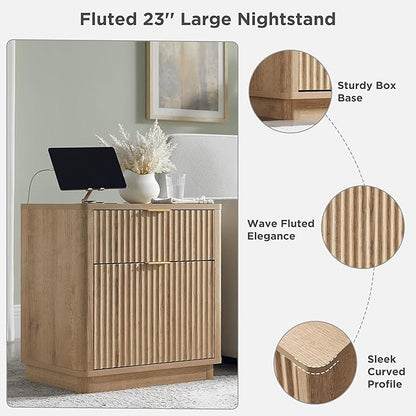 T4TREAM 23'' Fluted Nightstand Swith Charging Station, Large 2 Drawer Side Table, Modern End Table with Storage, Mid Century Bedside Table for Bedroom, Living Room, Curved Profile, Natural Oak