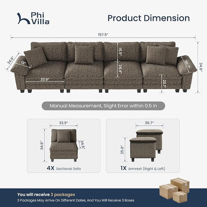 PHI VILLA Cloud Modular Couches Sets, 157.5" Sectional Sofa with Upholstered Deep Seat, 4-Seater Long Couches for Living Room Apartment, Chenille Fabric, Smoky Grey
