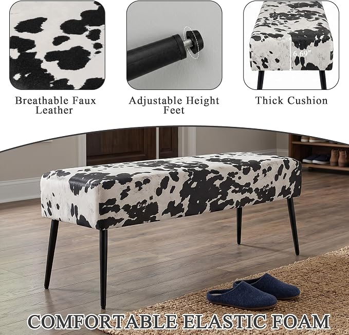 DUHOME Velvet Bench Ottoman, Upholstered Bedroom Benches Cow Print End of Bed Bench with Black Metal Base for Entryway Dining Room Living Room Bedroom, Black