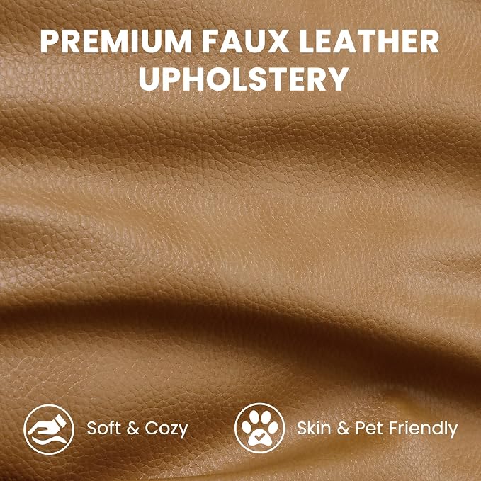 Vesgantti 100" Faux Leather Sofa with Movable Ottoman, Wide Seating L Shaped PU Leather Couch with Side Pocket, Comfy Mid Century Modern Modular Sectional Sofa for Living Room, Office, Camel