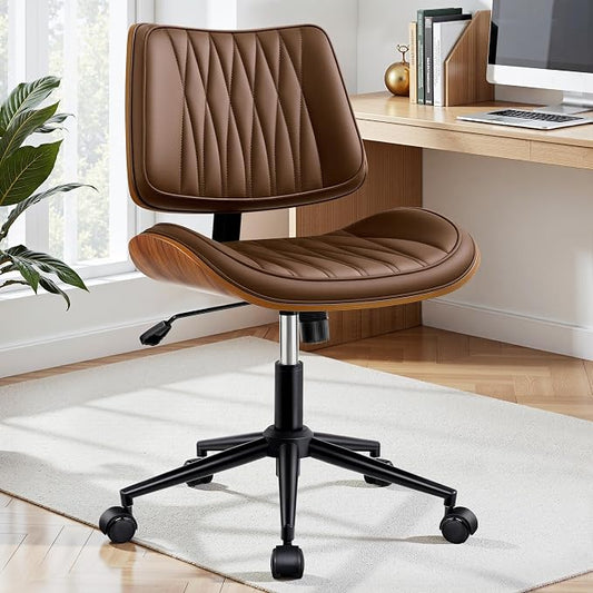 Ergonomic Armless Office Desk Chair - Mid-Century Modern Khaki Faux Leather with Diamond Stitch, Adjustable Height Swivel Rolling Task Computer Chair with Walnut Accent for Home Office, Study & Work