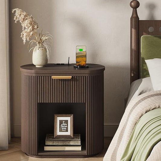 Fluted Nightstand with Charging Station, 23.6" Large Bedside Side Table with Drawer, Wood End Table with Storage, Curved Round Corner, Furniture Bedroom Sofa, Mid Century Modern, Vintage, Walnut