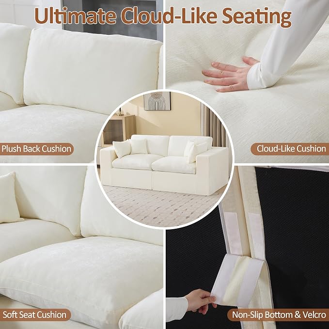 83''Cloud Boneless Sectional Couch, Modular Sectional Sofa Deep Seat, Upholstered Convertible Comfy Loveseat Chenille Memory Foam Sofa Couches for Living Room, Beige