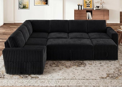 HONBAY Modular Sectional Sleeper Sofa with Pull Out Bed,Corduroy U Shaped Couch with Storage, Sectional Couches for Living Room,Black