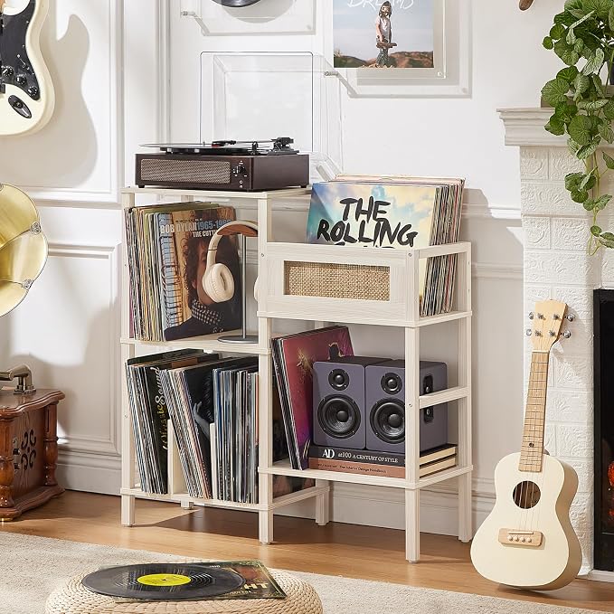 LELELINKY Record Player Stand, White Cream Oak Wood Record Holder with Vinyl Storage Holds up to 300+ Albums, 3-Tier Rattan Media Table with Vinyl Display Shelf, Record Storage Cabinet for Living Room
