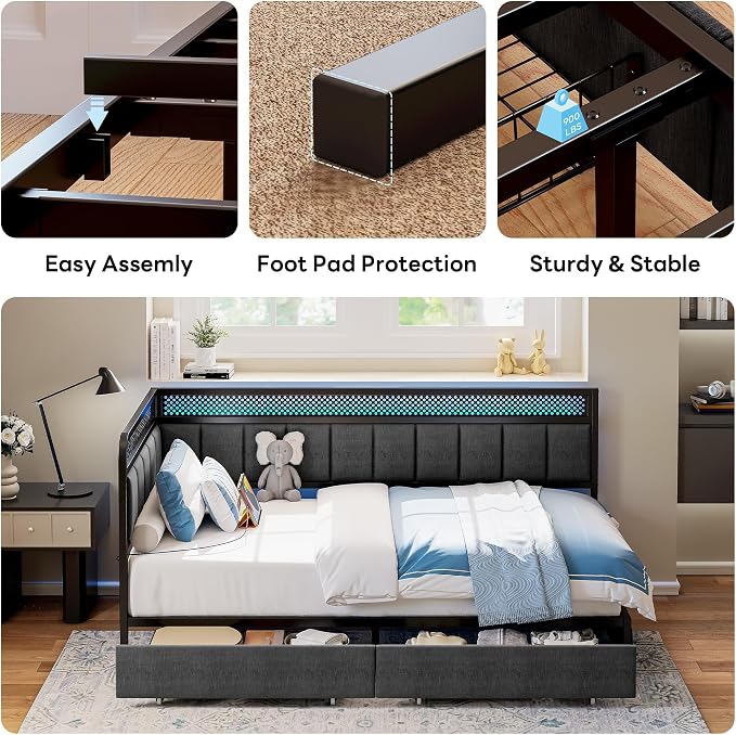 LIKIMIO Twin Corner Bed Frame, Modern Daybed with Upholstered Guardrail | Under-Bed Storage Drawers, Built-in Charging Station, Adjustable Smart LED Lights, Gray