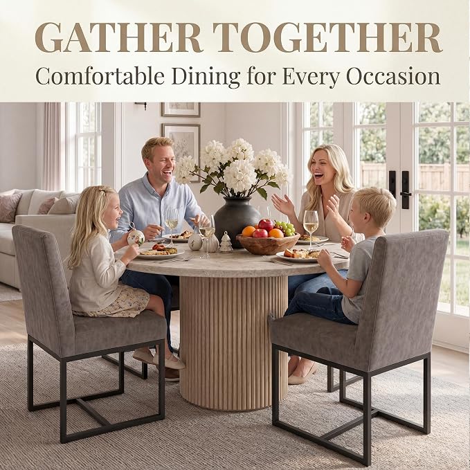 HNY Modern Dining Chairs Set of 4, Upholstered Leather Dining Room Chairs with Ergonomic Back & Metal Frame for Home, Kitchen, Apartment, Grey