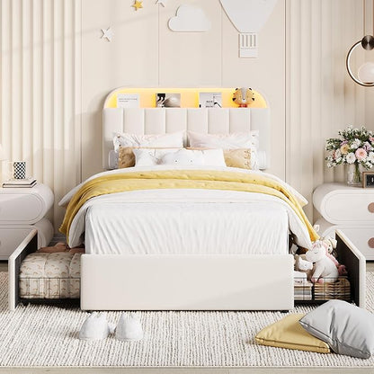 Garvee Twin XL Size Bed Frame with 2 Flexible Drawers, Velvet Upholstered Platform Bed Frame with Bookcase Headboard and LED Lights, Kids Bed for Girls, Easy Assembly, Noise Free, Beige