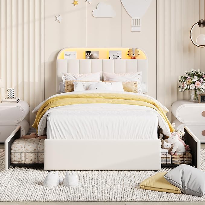 Garvee Twin Size Bed Frame with 2 Flexible Drawers, Velvet Upholstered Platform Bed Frame with Bookcase Headboard and LED Lights, Kids Bed for Girls, Easy Assembly, Noise Free, Beige