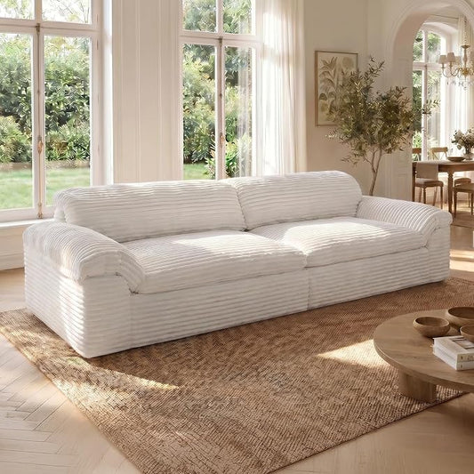 Vesgantti 118" Boneless Couches for Living Room, Cloud Sectional Couch & Deep Seat, 3 Seater Comfy Corduroy Modular Sofa, Modern Slouch Couch, No Assembly Required, White