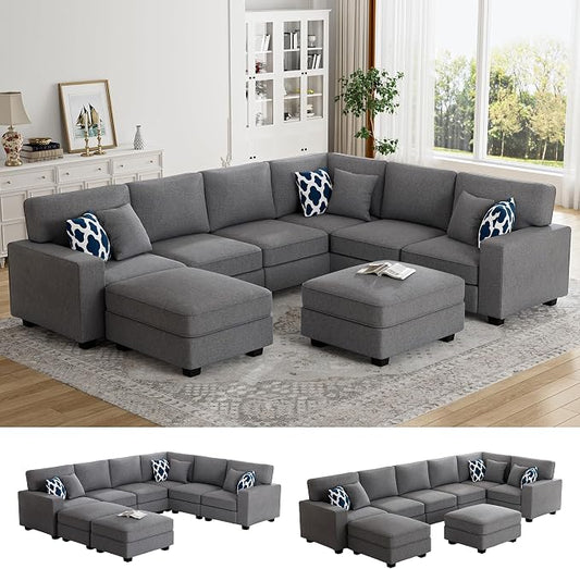 Legend Vansen Oversized Modular Sectional Sofa,U/L‑Shaped Reversible Couch with Ottoman,Deep Seat Plush Polyester Sofa for Living Room,8‑Seater,Dark Grey