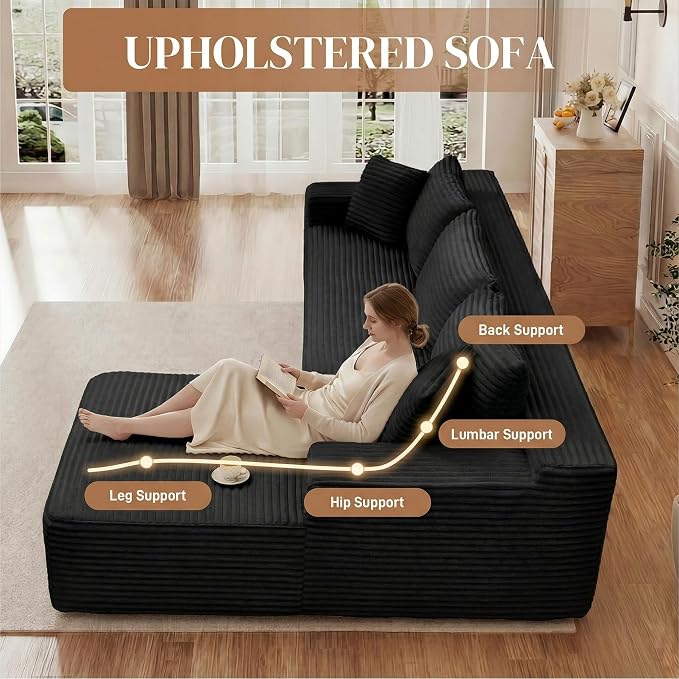 95" L Shaped Cloud Boneless Sectional Couches for Living Room, Modern Comfy Modular Deep Seat Memory Foam Compressed Corduroy Sofa Oversized Right Facing Chaise, No Assembly Required, Balck
