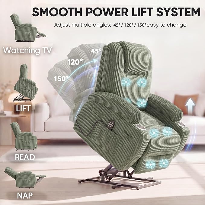 Flamaker Power Lift Chair Massage Recliner Chairs for Elderly, Corduroy Ergonomic Design with Cup Holders & Side Pockets, Remote Control (Green)