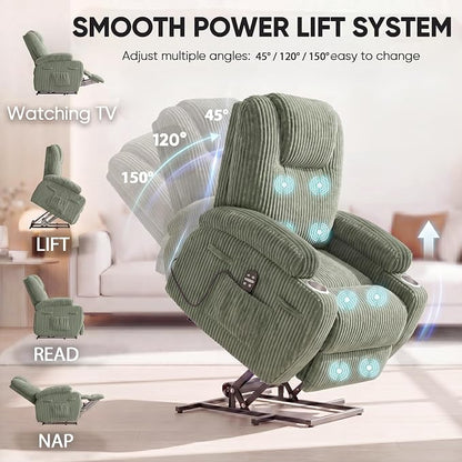 Flamaker Power Lift Chair Massage Recliner Chairs for Elderly, Corduroy Ergonomic Design with Cup Holders & Side Pockets, Remote Control (Green)