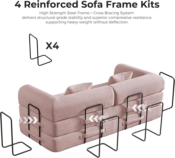 79" 5-in-1 Convertible Sofa Bed No Assembly, Boneless Couch Bed with High Density Foam, Foldable Sleeper Sofa, Corduroy Modular Couch for Apartment, Studio, Dorm Room, Small Space,Pink