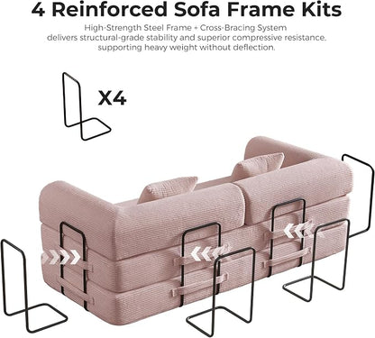 79" 5-in-1 Convertible Sofa Bed No Assembly, Boneless Couch Bed with High Density Foam, Foldable Sleeper Sofa, Corduroy Modular Couch for Apartment, Studio, Dorm Room, Small Space,Pink