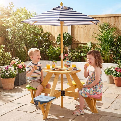 Costzon Kids Picnic Table, 4-Person Wooden Toddler Outdoor Table & Stool Set with Adjustable Umbrella, Wooden Kids Outdoor Furniture for Patio Backyard Lawn Garden