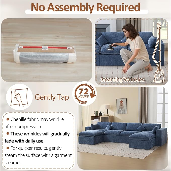 146''Cloud Boneless Sectional Couch, Modular Sectional Sofa Deep Seat with 2 Ottomans, Oversized Upholstered Convertible Comfy 6 Seater Chenille Sofa U Shape Couches for Living Room, Blue