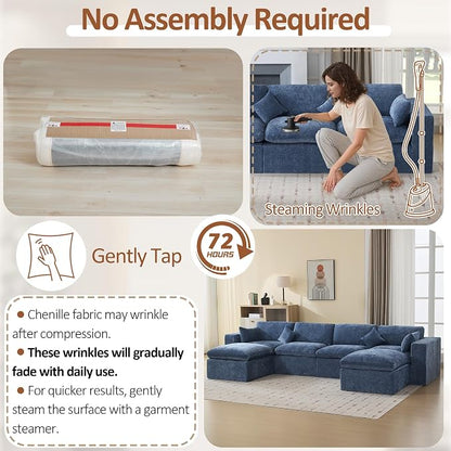 146''Cloud Boneless Sectional Couch, Modular Sectional Sofa Deep Seat with 2 Ottomans, Oversized Upholstered Convertible Comfy 6 Seater Chenille Sofa U Shape Couches for Living Room, Blue