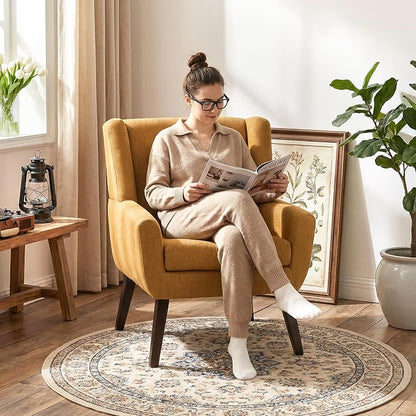 HUIMO Accent Chair, Button Tufted Upholstered Sofa Chairs, Comfy Linen Fabric Armchair for Bedroom, Reading, Mid-Century Modern Living Room Chair (Yellow)