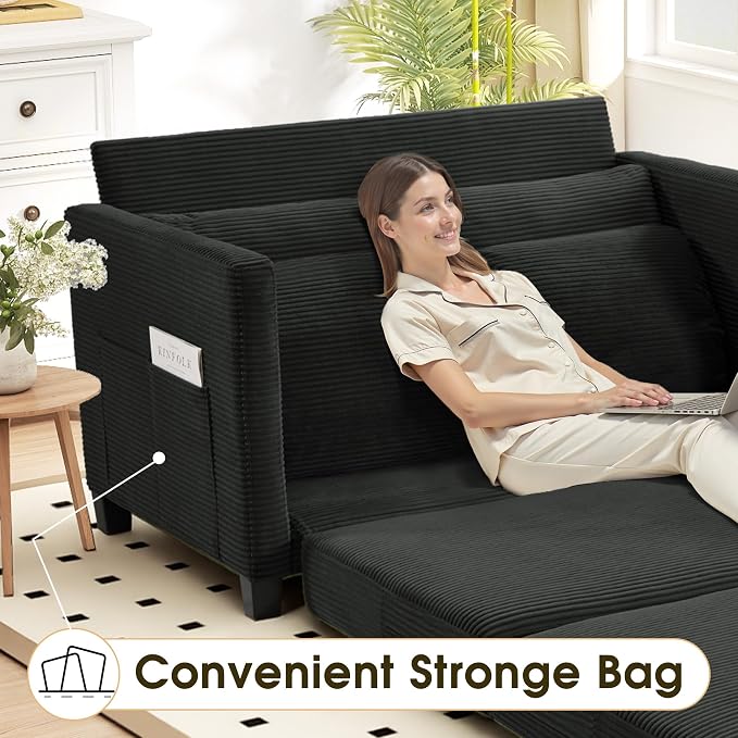 Myroyalsit 51" Convertible Loveseat Sofa Bed, 2-in-1 Folding Sofa Bed with 2 Pillow for Small Spaces, Modern Loveseat Sleeper Couch for Apartment, Living Room & Guest Room (Black Corduroy, 51 inch)