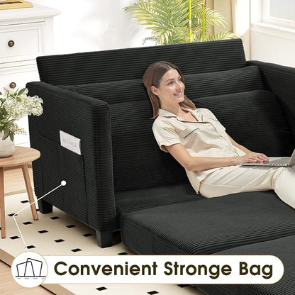 Myroyalsit 51" Convertible Loveseat Sofa Bed, 2-in-1 Folding Sofa Bed with 2 Pillow for Small Spaces, Modern Loveseat Sleeper Couch for Apartment, Living Room & Guest Room (Black Corduroy, 51 inch)