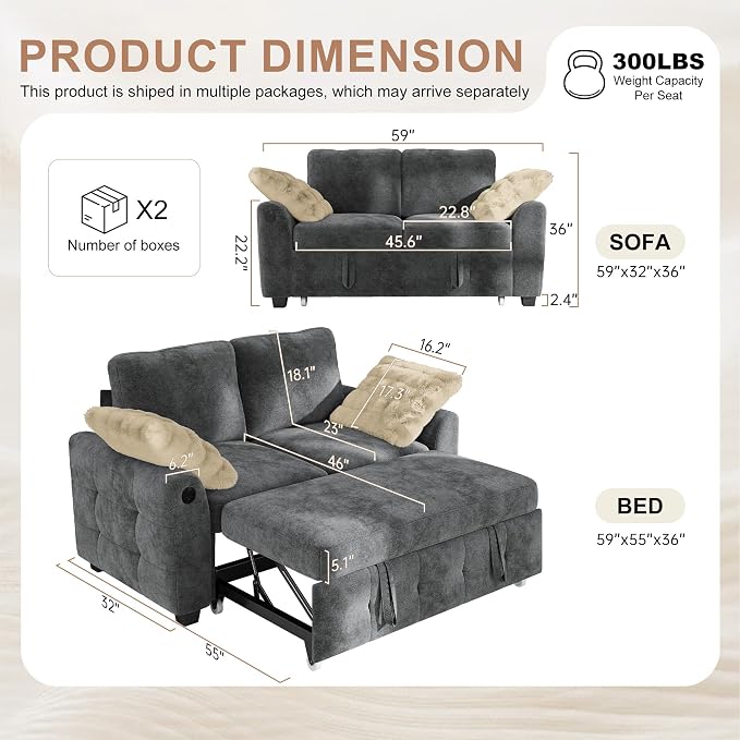 Hanherry 59" Loveseat Couch with Pull Out Sofa Bed, Chenille 2-in-1 Convertible 2 Seater Sleeper Sofa with USB Charging,Comfy Love Seat for Small Spaces Living Room Apartment