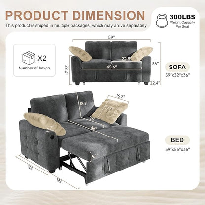 Hanherry 59" Loveseat Couch with Pull Out Sofa Bed, Chenille 2-in-1 Convertible 2 Seater Sleeper Sofa with USB Charging,Comfy Love Seat for Small Spaces Living Room Apartment
