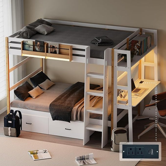Kikihouse Wooden Twin Over Twin Bunk Bed with Desk, Charging Station and LED Lights, Convertible Solid Wood Frame with Ladders and Drawers, Sturdy Wood Bunk Bed for Kids, Space-Saving (Twin over Twin)