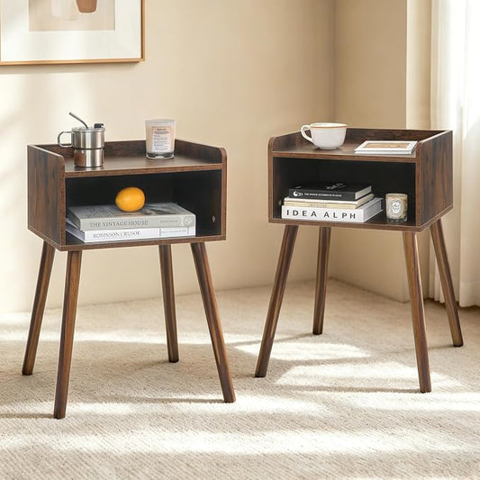 MaxSmeo Night Stand Set 2, Mid Century Modern Side Table Bedroom with Storage, Small End Bedside Table Set of 2 with Solid Wood Legs for Living Room, Office Small Spaces (Rustic Brown)