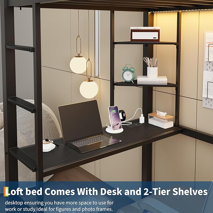 Twin Size Loft Bed with Desk, 4 Large Fabric Drawers and Open Shelves, Heavy Duty Metal Loft Bed with LED Lights, Power Outlets, Safety Guardrails & Ladder, Space Saving, No Box Spring Needed, Black