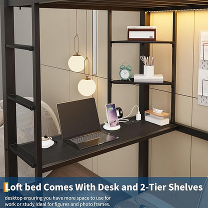 Twin Size Loft Bed with Desk, 4 Large Fabric Drawers and Open Shelves, Heavy Duty Metal Loft Bed with LED Lights, Power Outlets, Safety Guardrails & Ladder, Space Saving, No Box Spring Needed, Black