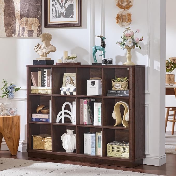 Joaxswe 12 Cube Storage Organizer, 41" Large Bookshelf with Curved Edge, Wood Floor Standing 3-Tier Cubby Bookcase w/Base, Vintage Display Storage Cabinet, Book Case for Living Room, Office, Walnut