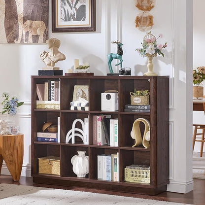 Joaxswe 12 Cube Storage Organizer, 41" Large Bookshelf with Curved Edge, Wood Floor Standing 3-Tier Cubby Bookcase w/Base, Vintage Display Storage Cabinet, Book Case for Living Room, Office, Walnut