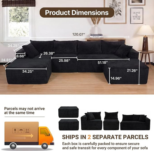 Claiks 120" Boneless Couch, Cloud Couch Sectional, U-Shape Corduroy Modular Sectional Sofa Deep Seat, Upholstered Couches for Living Room, No Assembly Required, Black